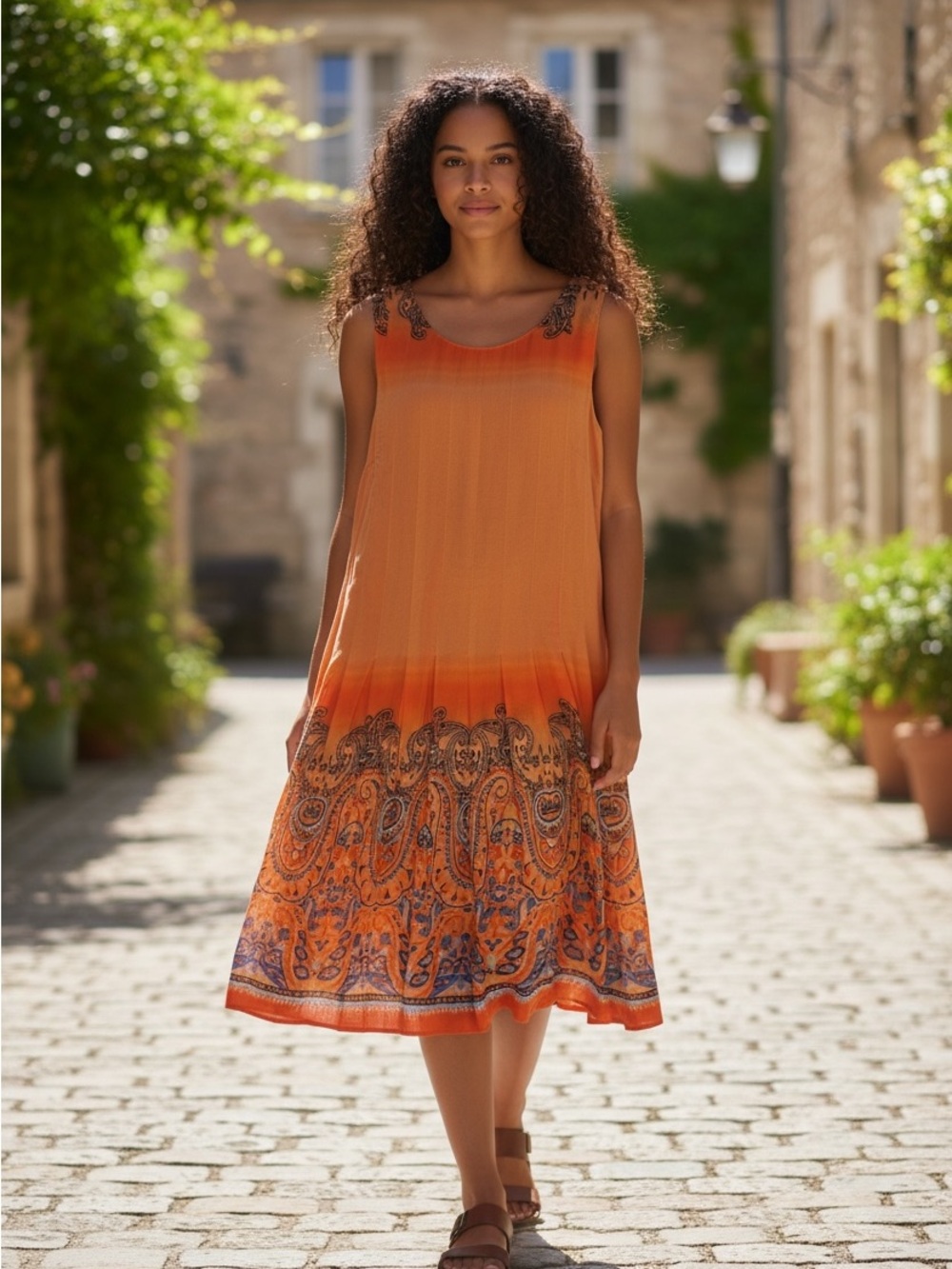 Sundance Orange Paisley Border Midi Dress